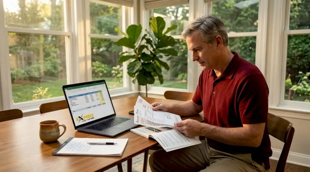 Car owner reviewing repair costs at kitchen table