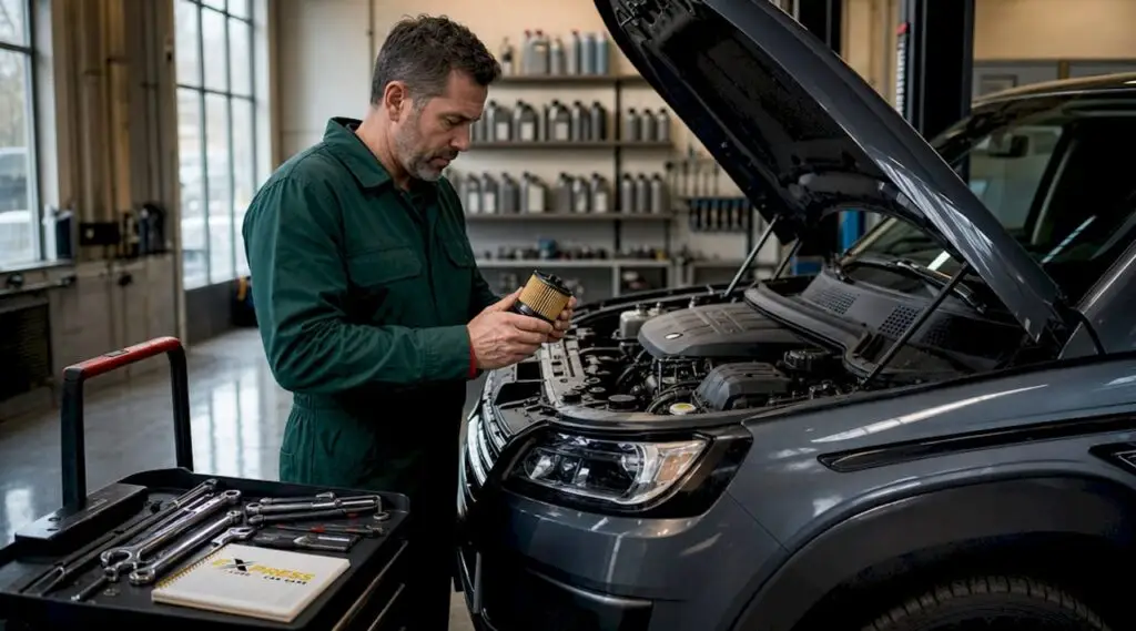 Mechanic inspecting car for oil change