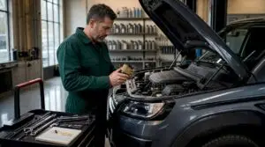 Mechanic inspecting car for oil change