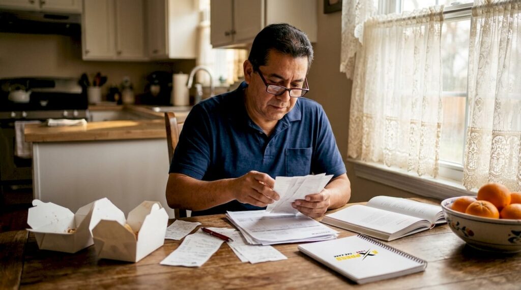 Man reviewing car maintenance receipts at home office