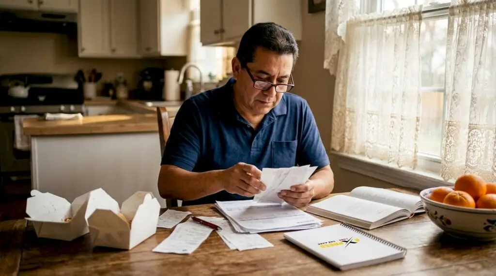 Man reviewing car maintenance receipts at home office
