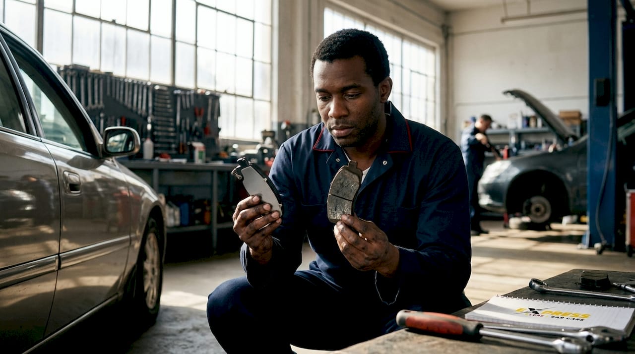 Mechanic comparing new and old brake pads in garage