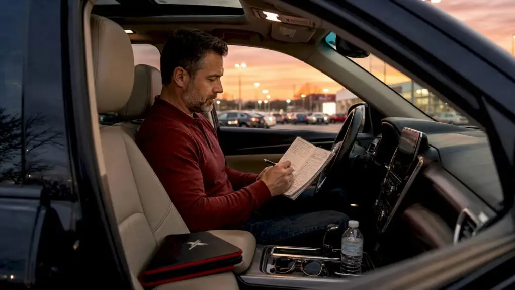 Man reviewing car care package details in vehicle