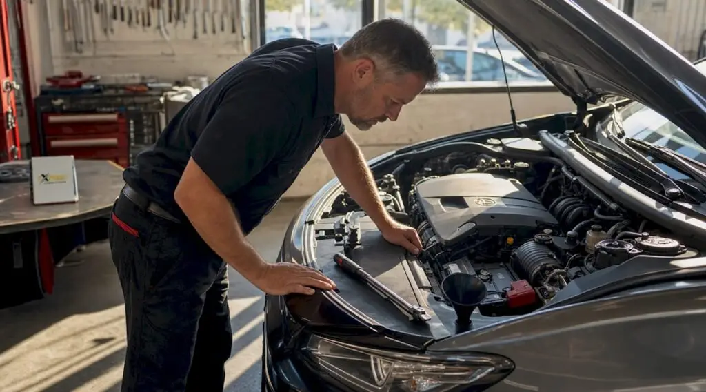 Man inspecting car engine in driveway