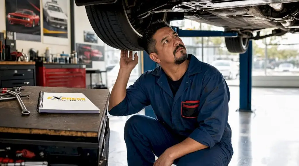Mechanic inspecting car in independent DFW repair shop