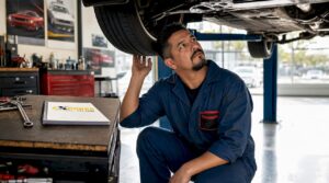Mechanic inspecting car in independent DFW repair shop