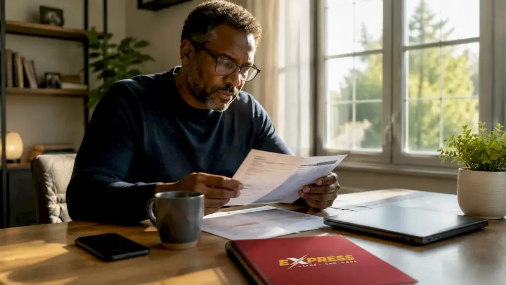 Man reviewing auto repair financing documents at home