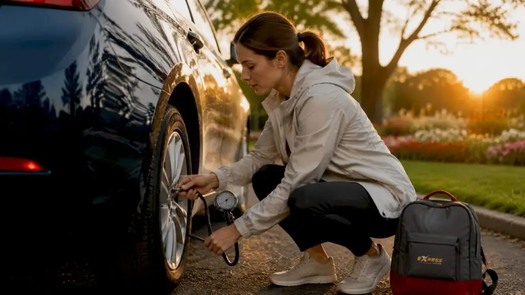 Woman checking car tire pressure outdoors