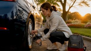 Woman checking car tire pressure outdoors
