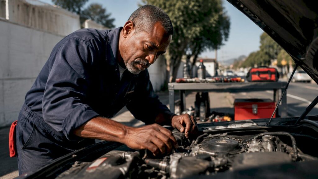 Mechanic inspecting car engine in repair shop