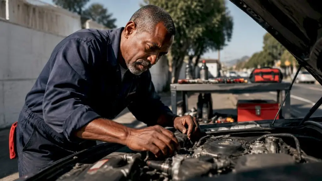 Mechanic inspecting car engine in repair shop