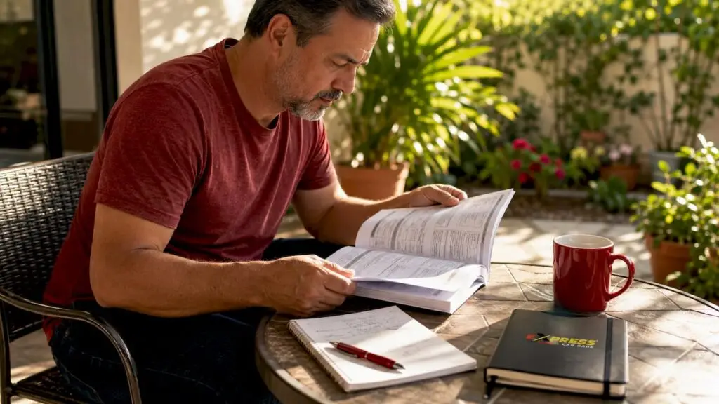 Man reviewing car maintenance schedule at home desk