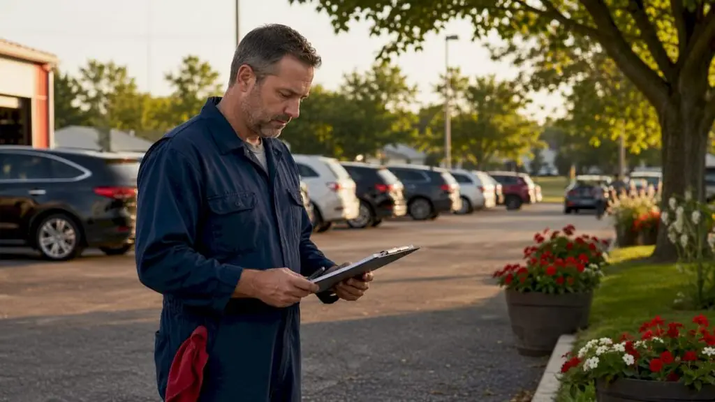 Mechanic outside auto repair shop with clipboard