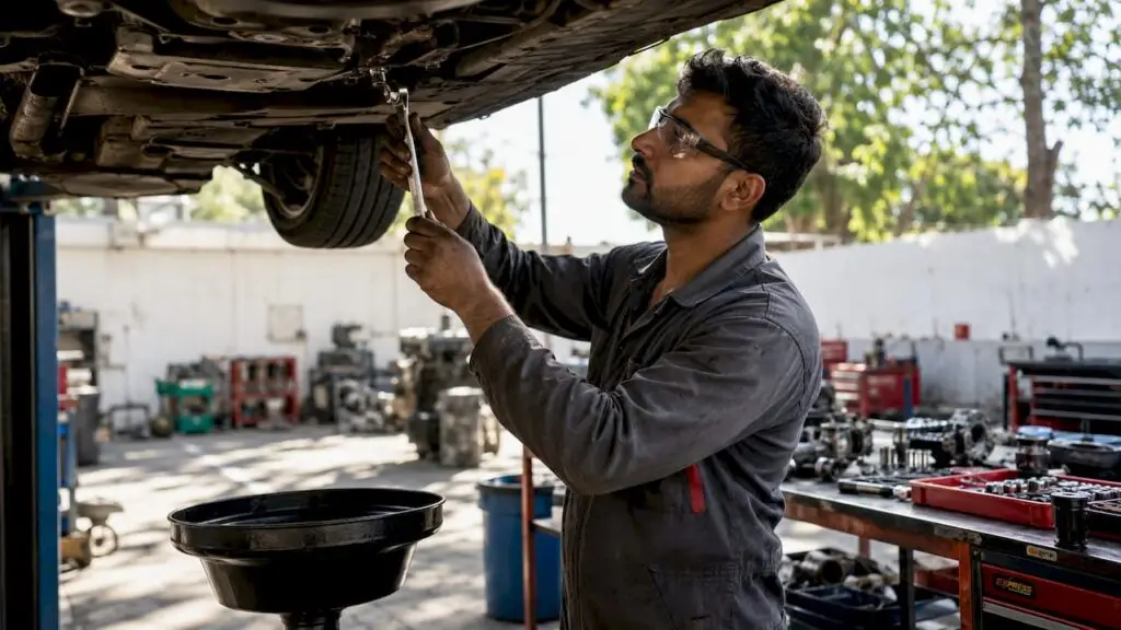 Mechanic tightening car oil drain plug
