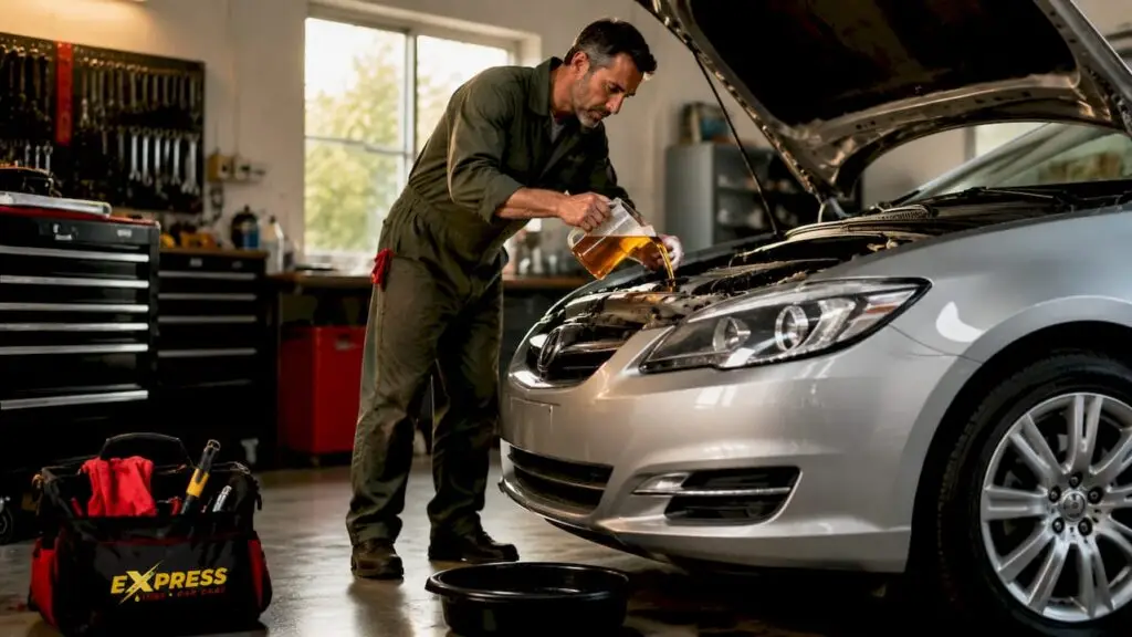 Mechanic pouring fresh engine oil into car engine