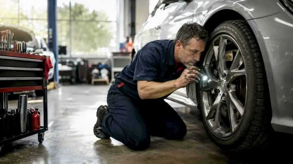 Mechanic inspecting car brake rotor outdoors