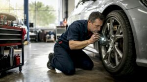 Mechanic inspecting car brake rotor outdoors
