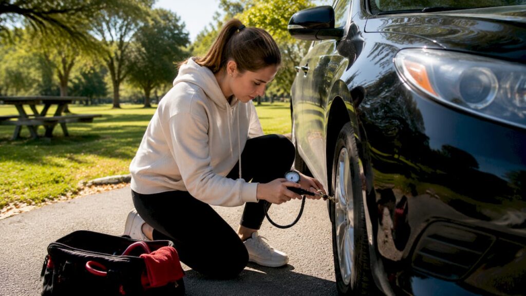 Young woman checking tire pressure on car