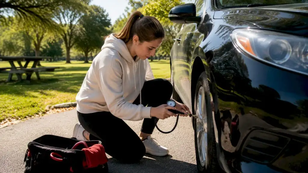 Young woman checking tire pressure on car