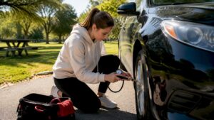 Young woman checking tire pressure on car
