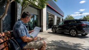 Man checking RepairPal certified shop outside Arlington auto repair