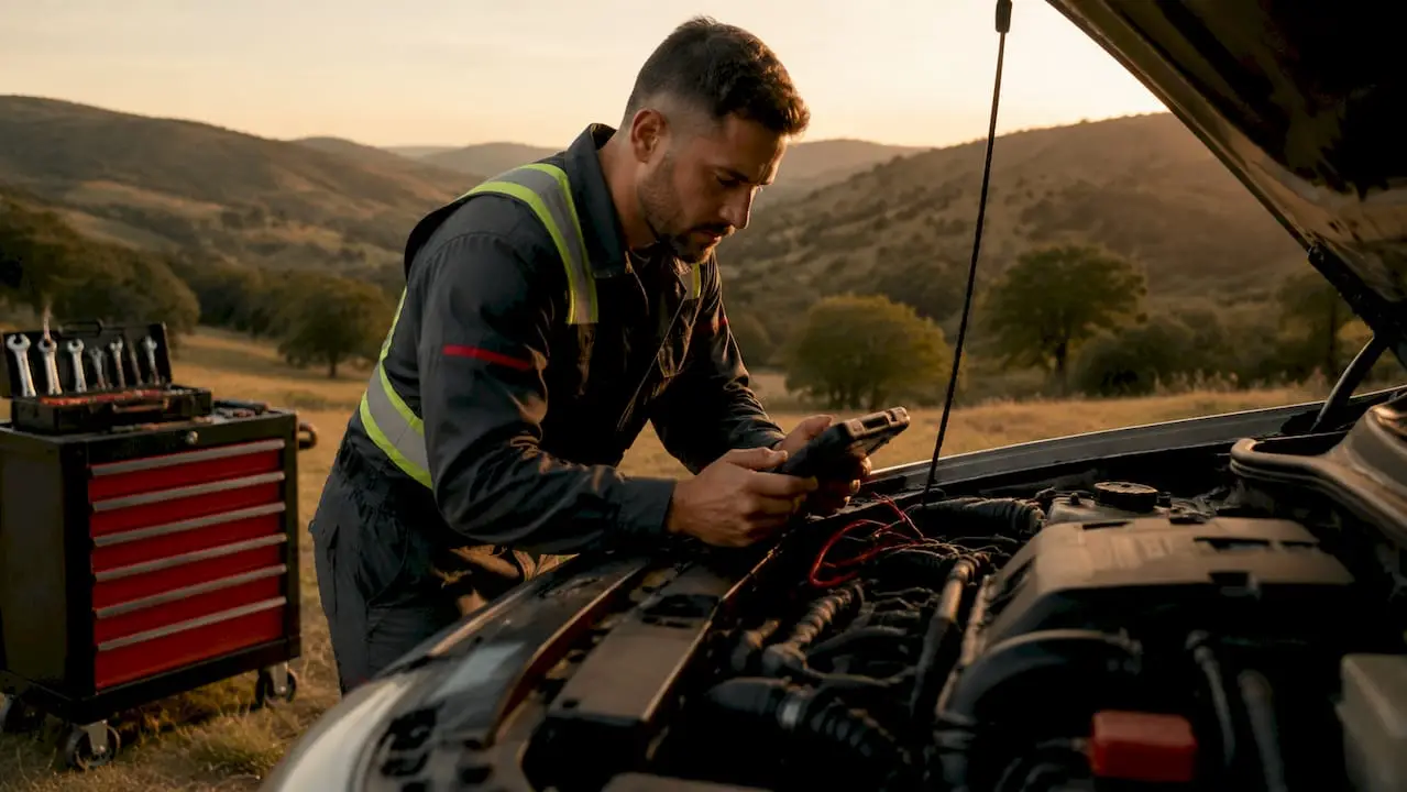 Mechanic using diagnostic tool in an auto repair shop