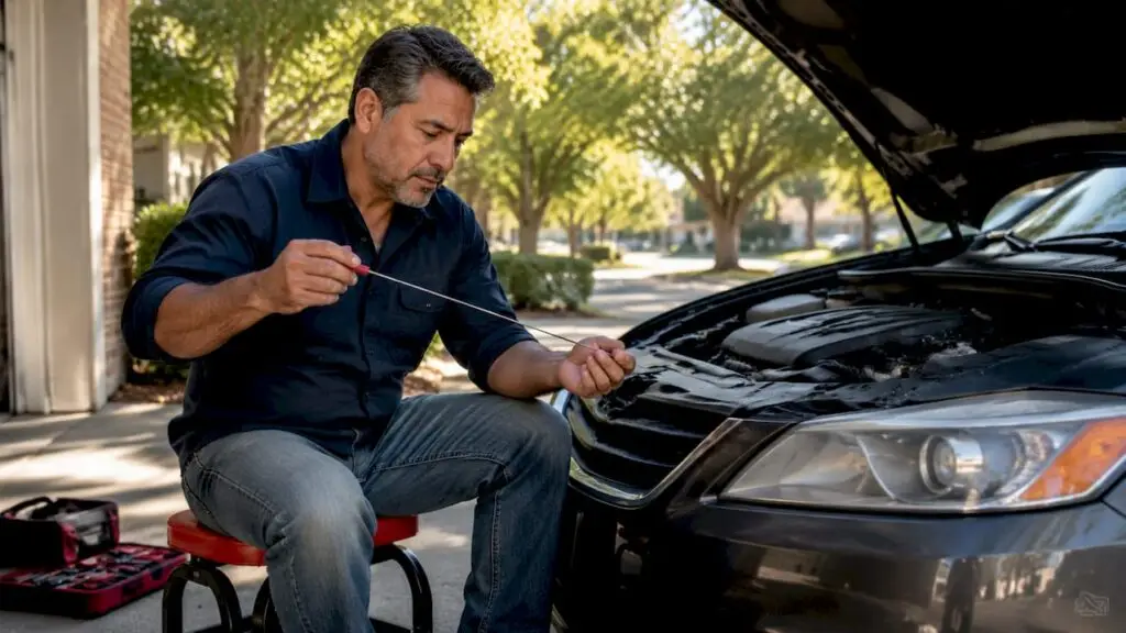 Man checking engine oil with dipstick