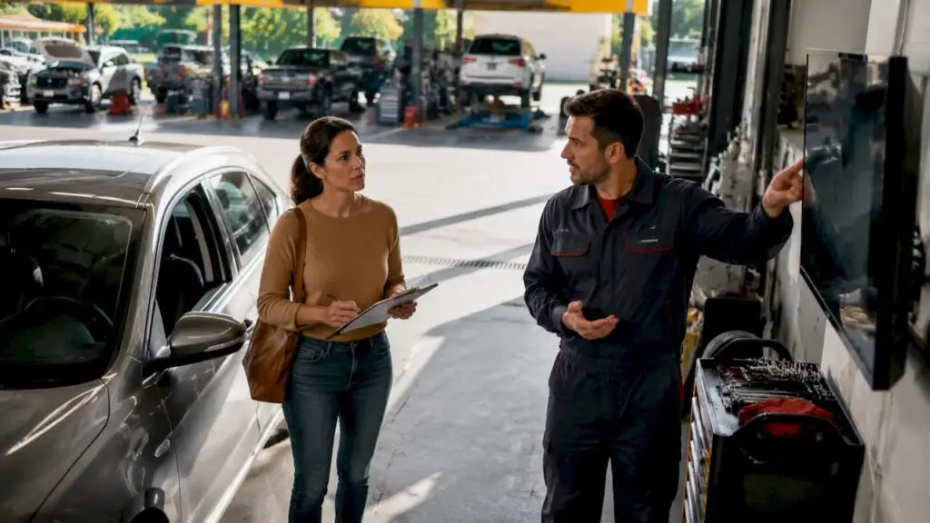 Car owner reviewing repair details with mechanic