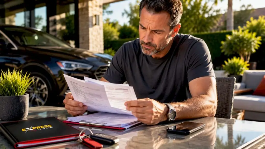 Man reviewing auto warranty and repairs at home