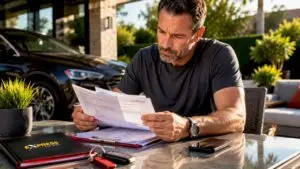 Man reviewing auto warranty and repairs at home