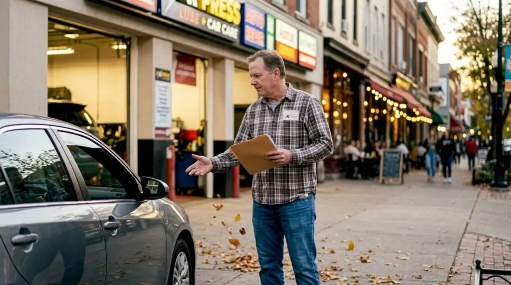 Man reviewing car repair documents outside shop