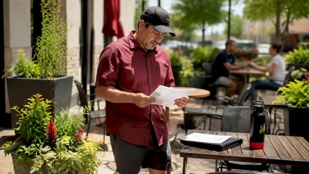 Man reviewing vehicle registration documents outside Arlington office