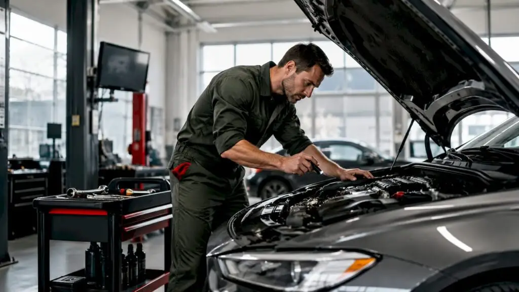 Mechanic inspecting car engine in auto repair shop