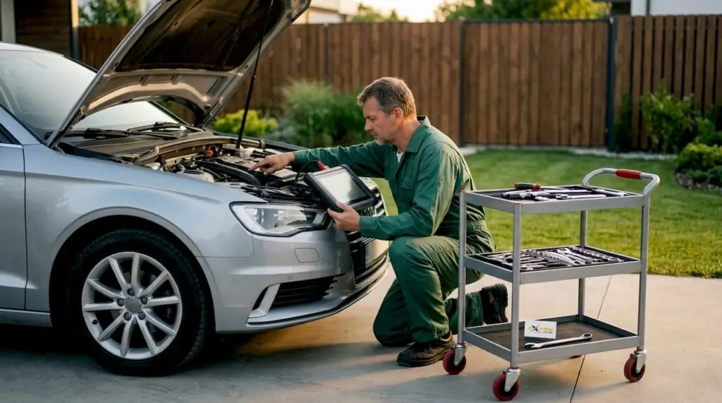 Mechanic performing routine car maintenance