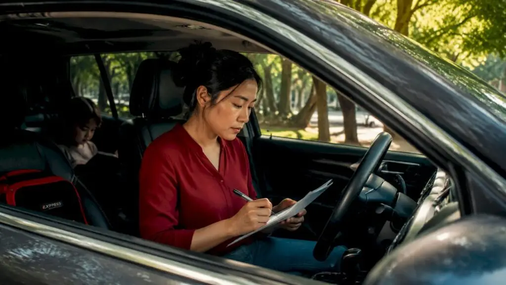 Mother reviewing car maintenance checklist inside family SUV