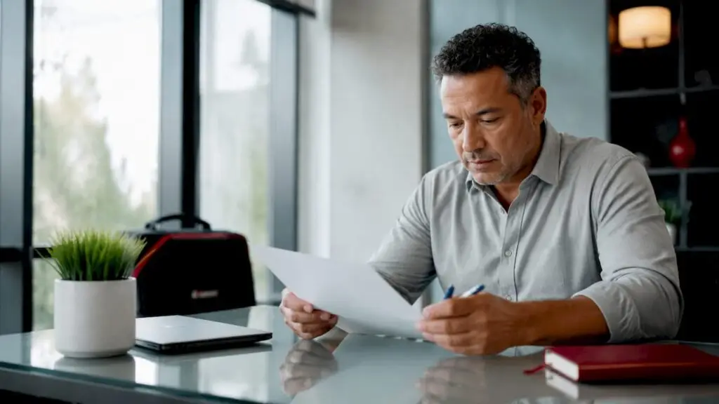 Man reviewing car warranty contract at home