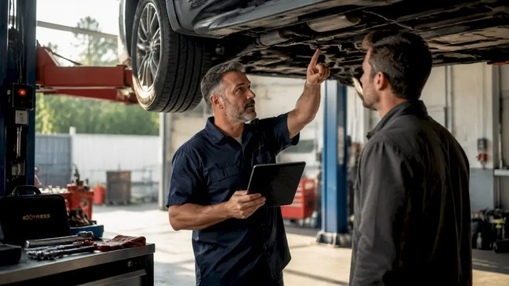 Mechanic explaining car repair to customer in garage
