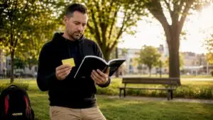 Man reviewing car owner's manual outdoors