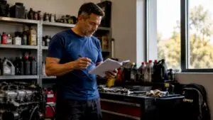 Man reviewing car maintenance schedule in garage