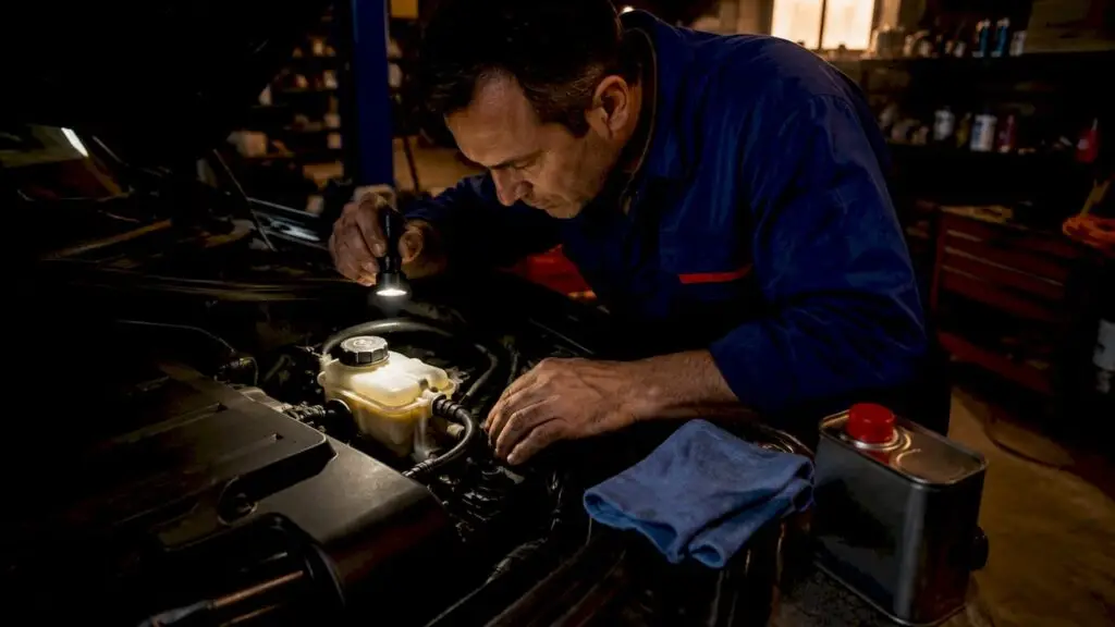 Mechanic checking brake fluid in car engine