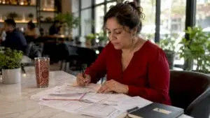 Woman reviewing vehicle maintenance records