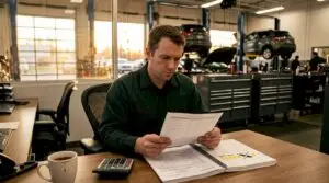 Technician reviewing automotive labor rate invoice