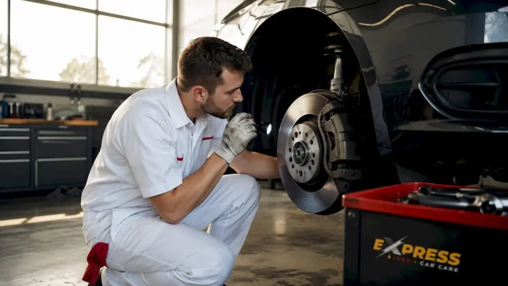 Technician inspecting car brakes in garage