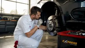 Technician inspecting car brakes in garage