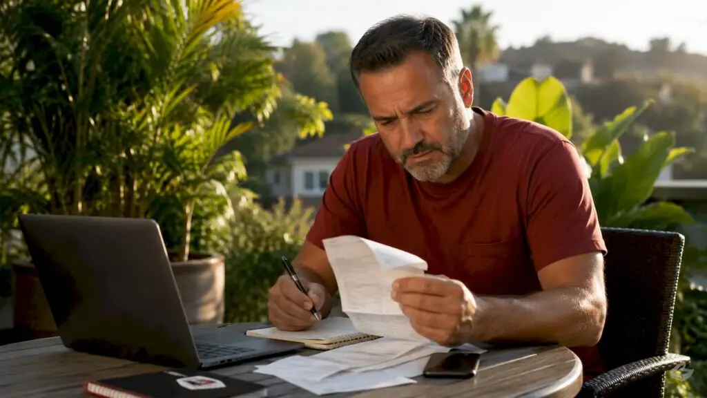 Man reviewing car repair documents at home