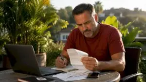 Man reviewing car repair documents at home