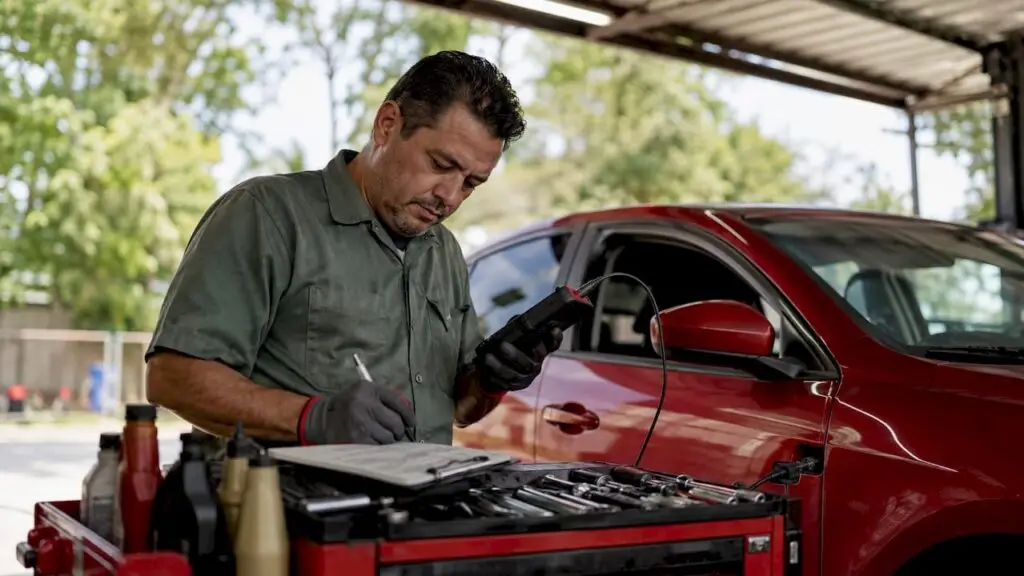 Mechanic diagnosing SUV in local repair shop