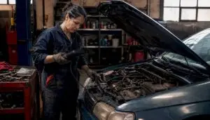 Mechanic examining car engine in garage