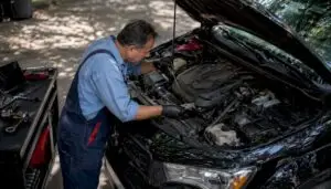 Mechanic inspecting car engine in garage