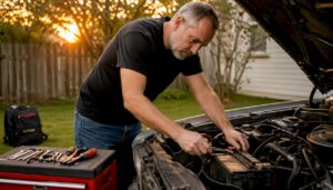 Mechanic disconnecting car battery in garage